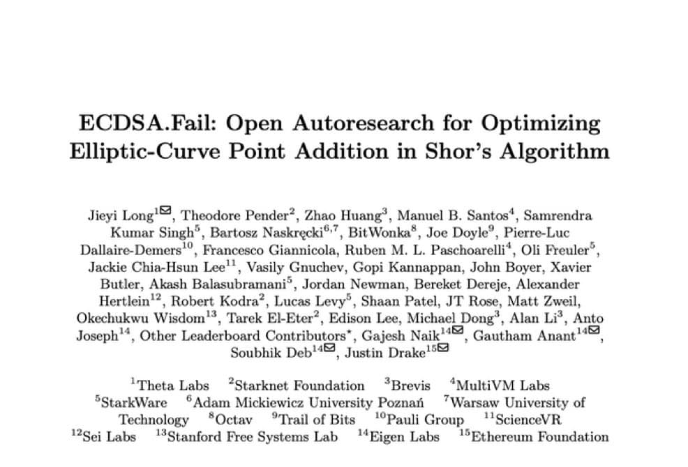 Title and author list of the paper “ECDSA.Fail: Open Autoresearch for Optimizing Elliptic-Curve Point Addition in Shor’s Algorithm”